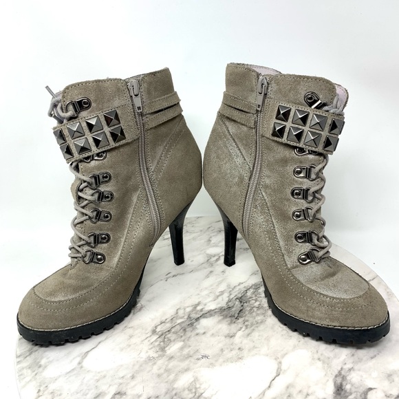Envy Big Time Taupe Suede Lace Up utility platform booties 7 sporty casual chic - Picture 7 of 15